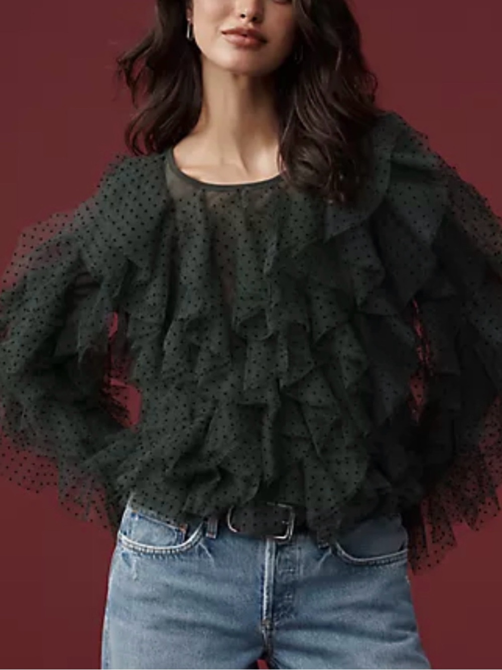 NWT Anthropologie Dolan left coast mesh Sheer Polka Dot Ruffle Blouse